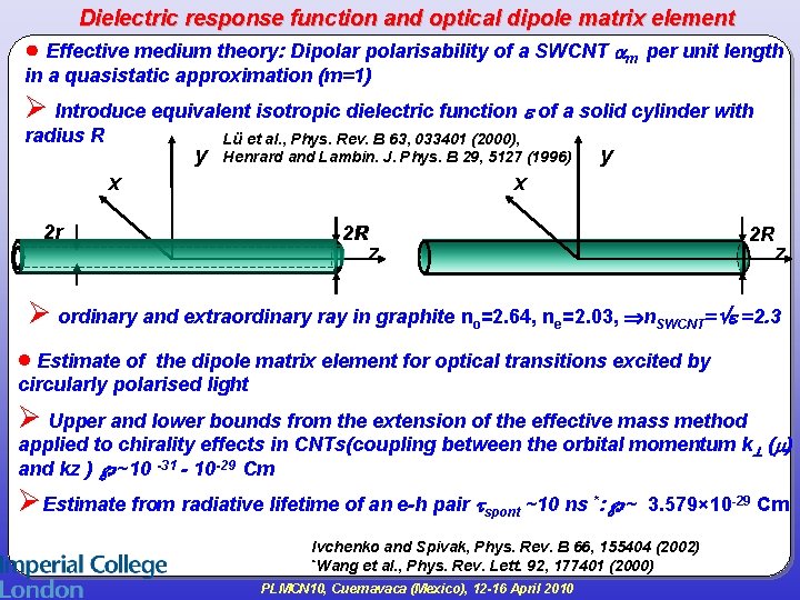 Dielectric response function and optical dipole matrix element ● Effective medium theory: Dipolarisability of