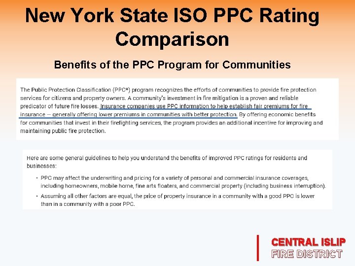New York State ISO PPC Rating Comparison Benefits of the PPC Program for Communities