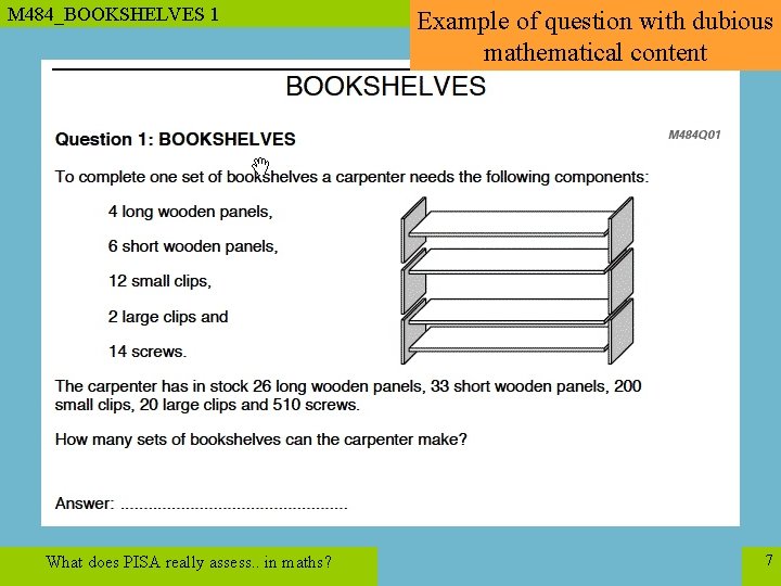 M 484_BOOKSHELVES 1 What does PISA really assess. . in maths? Example of question