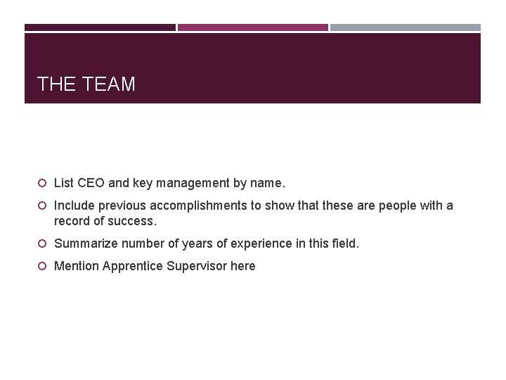 THE TEAM List CEO and key management by name. Include previous accomplishments to show