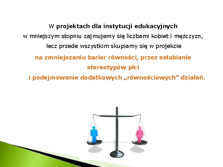 W projektach dla instytucji edukacyjnych w mniejszym stopniu zajmujemy się liczbami kobiet i mężczyzn,