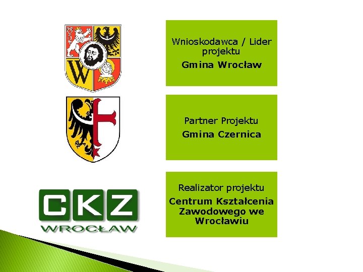 Wnioskodawca / Lider projektu Gmina Wrocław Partner Projektu Gmina Czernica Realizator projektu Centrum Kształcenia