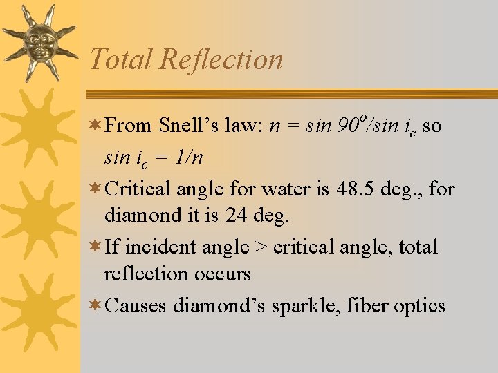 Total Reflection o ¬From Snell’s law: n = sin 90 /sin ic so sin