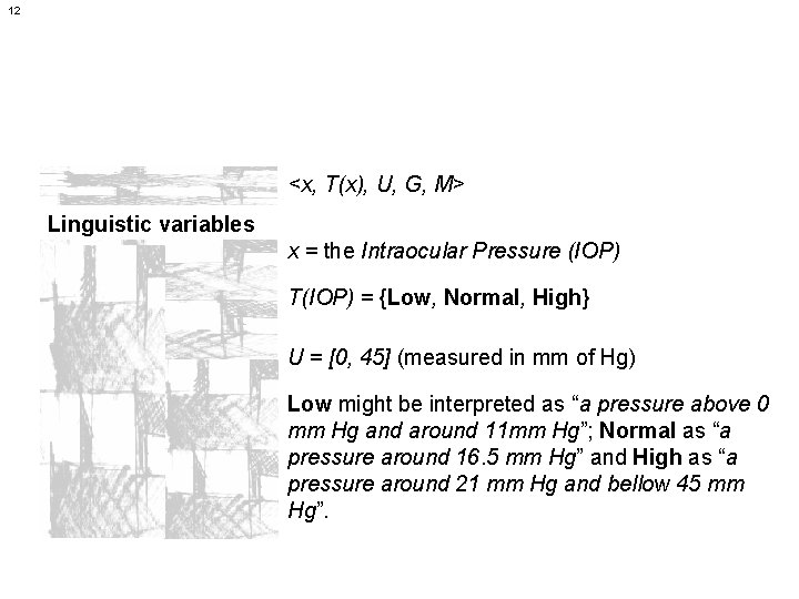 12 <x, T(x), U, G, M> Linguistic variables x = the Intraocular Pressure (IOP)