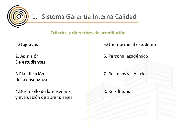 1. Sistema Garantía Interna Calidad Criterios y directrices de acreditación 1. Objetivos 5. Orientación