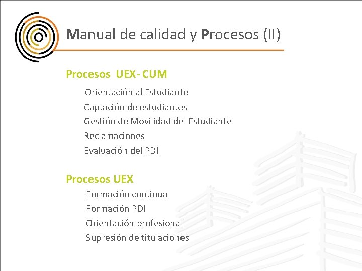 Manual de calidad y Procesos (II) Procesos UEX- CUM Orientación al Estudiante Captación de