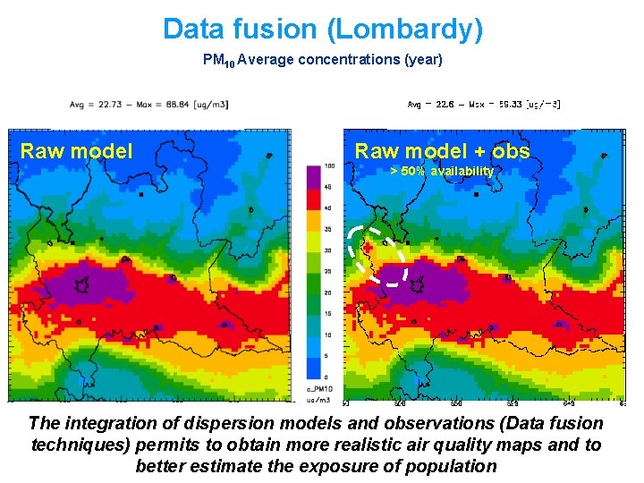 Data fusion (Lombardy) PM 10 Average concentrations (year) Raw model + obs > 50%