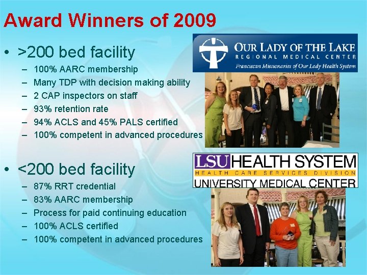 Award Winners of 2009 • >200 bed facility – – – 100% AARC membership