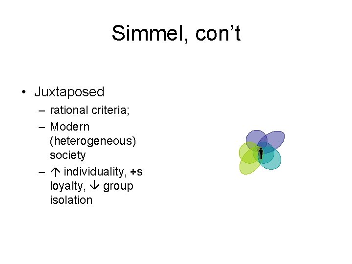 Simmel, con’t • Juxtaposed – rational criteria; – Modern (heterogeneous) society – individuality, ÷s