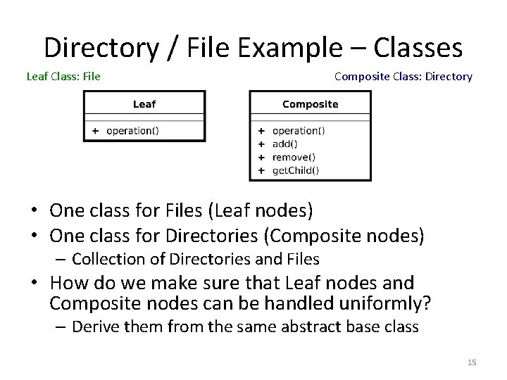 Directory / File Example – Classes Leaf Class: File Composite Class: Directory • One