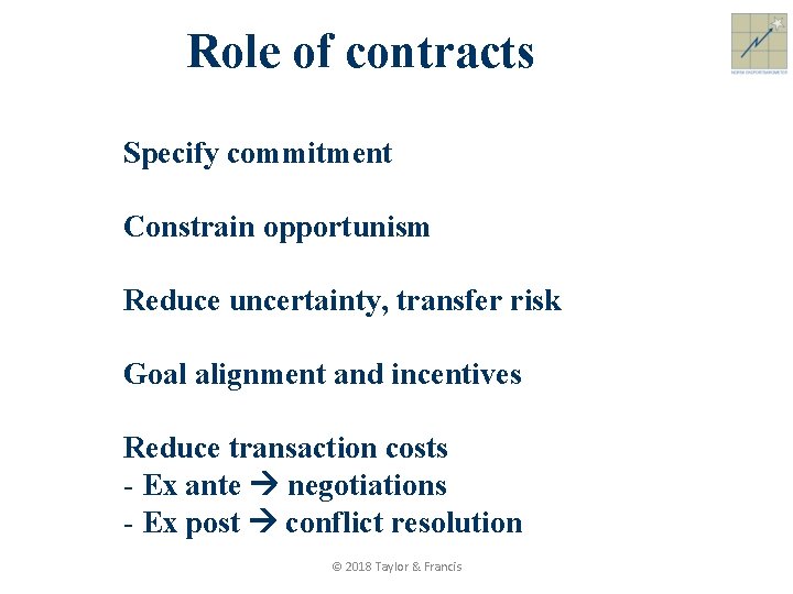 Role of contracts Specify commitment Constrain opportunism Reduce uncertainty, transfer risk Goal alignment and