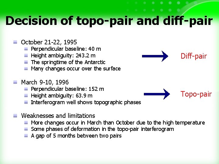 Decision of topo-pair and diff-pair October 21 -22, 1995 Perpendicular baseline: 40 m Height