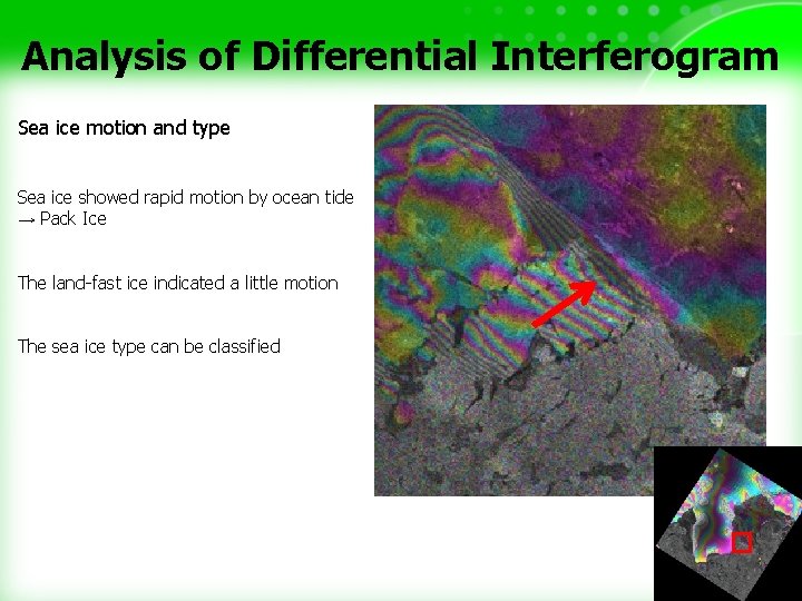 Analysis of Differential Interferogram Sea ice motion and type Sea ice showed rapid motion