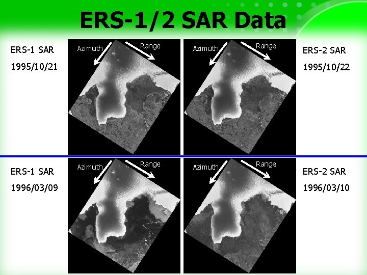 ERS-1/2 SAR Data ERS-1 SAR Azimuth Range 1995/10/21 ERS-1 SAR 1996/03/09 ERS-2 SAR 1995/10/22