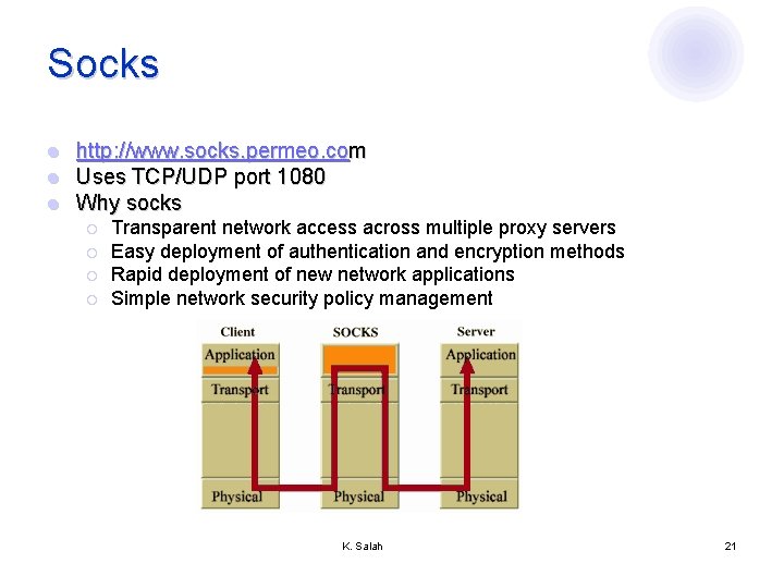 Socks l l l http: //www. socks. permeo. com Uses TCP/UDP port 1080 Why