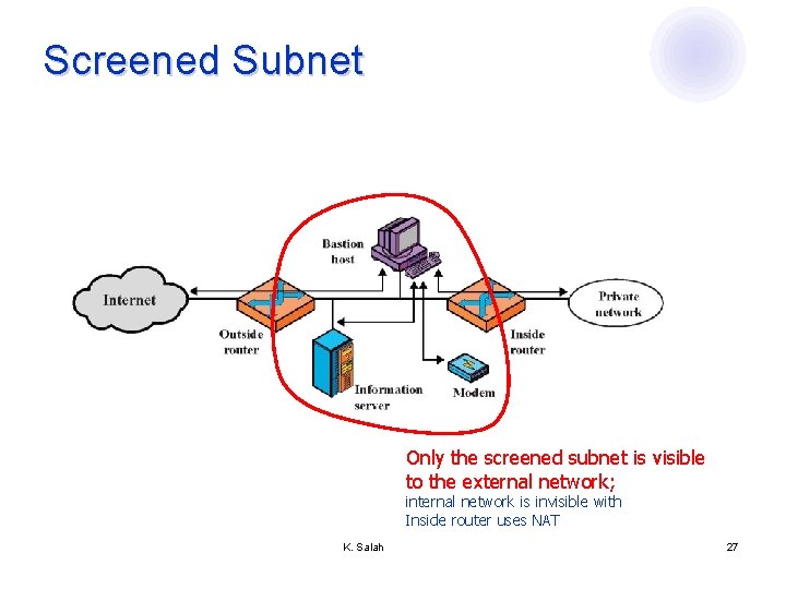 Screened Subnet Only the screened subnet is visible to the external network; internal network
