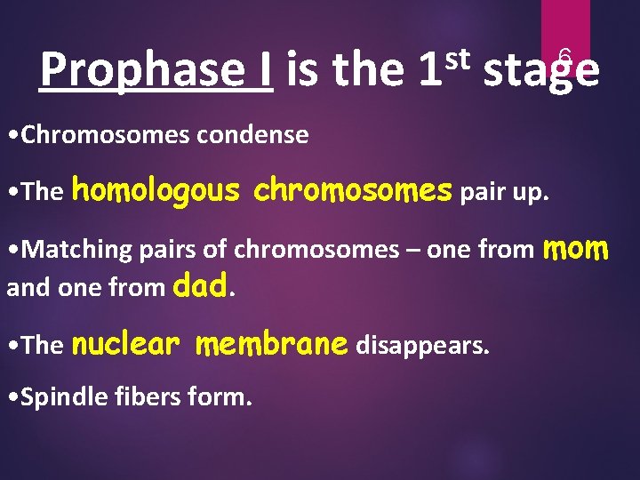 Prophase I is the st 1 stage 6 • Chromosomes condense • The homologous