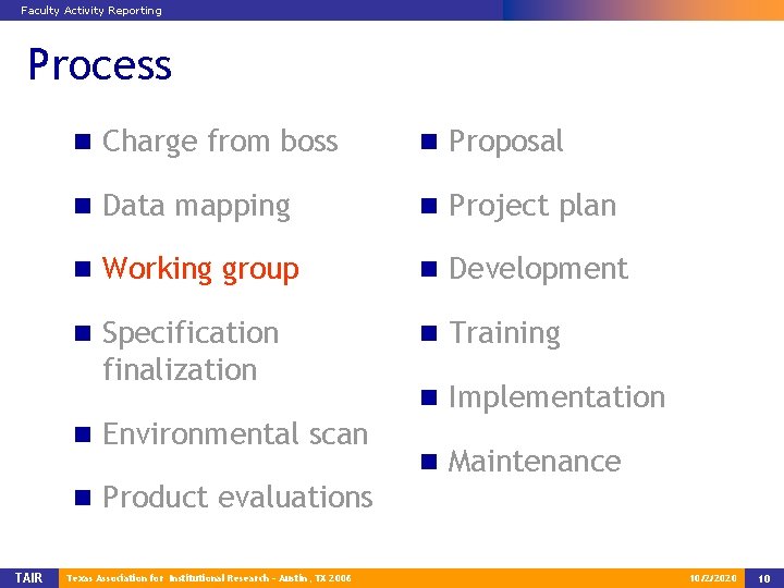 Faculty Activity Reporting Process n Charge from boss n Proposal n Data mapping n