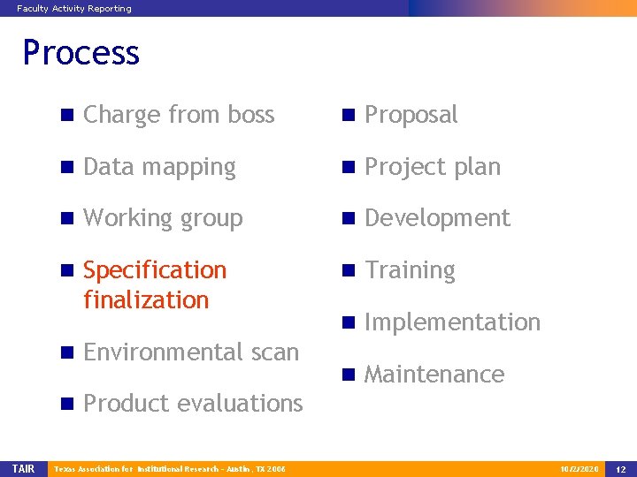 Faculty Activity Reporting Process n Charge from boss n Proposal n Data mapping n
