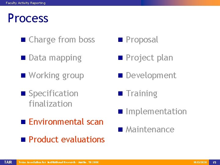 Faculty Activity Reporting Process n Charge from boss n Proposal n Data mapping n