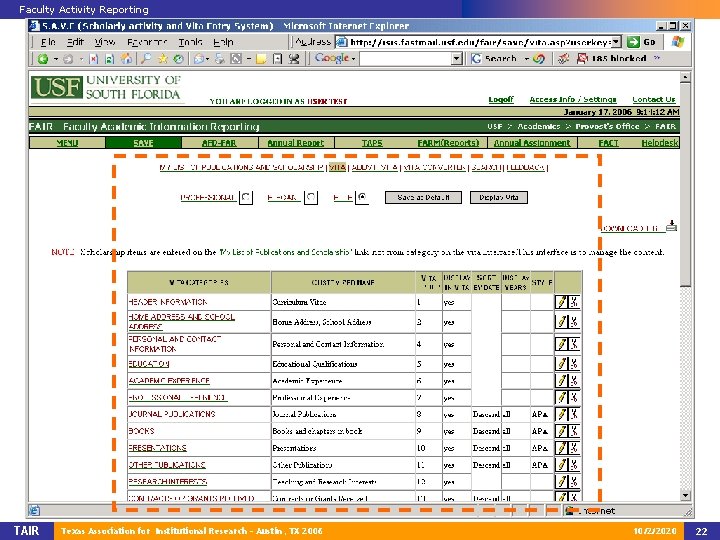 Faculty Activity Reporting TAIR Texas Association for Institutional Research – Austin, TX 2006 10/2/2020