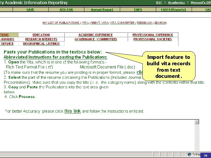 Faculty Activity Reporting Import feature to build vita records from text document. TAIR Texas