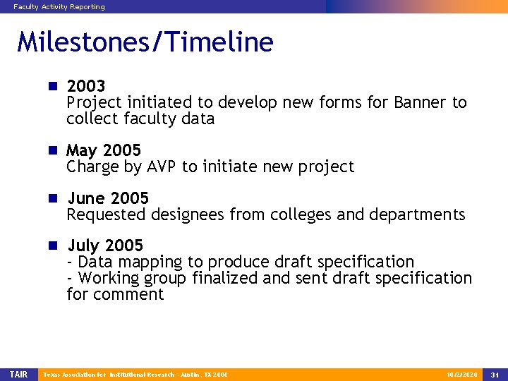 Faculty Activity Reporting Milestones/Timeline n 2003 Project initiated to develop new forms for Banner