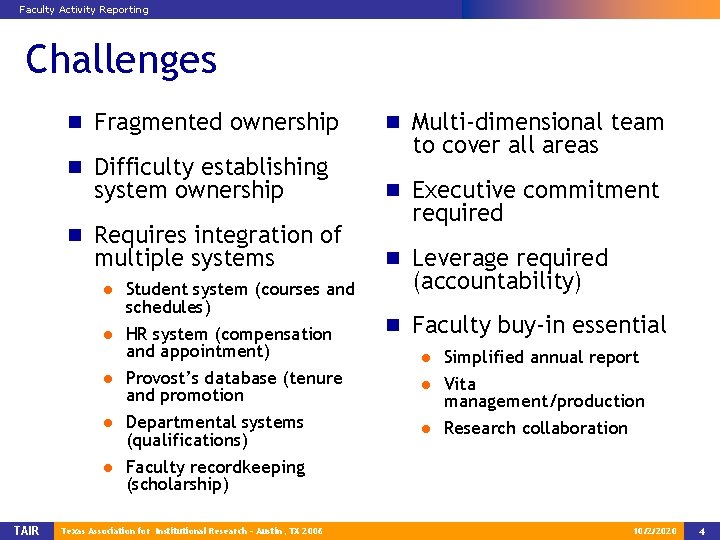 Faculty Activity Reporting Challenges n Fragmented ownership n Difficulty establishing system ownership n Requires