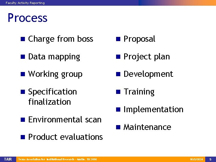 Faculty Activity Reporting Process n Charge from boss n Proposal n Data mapping n