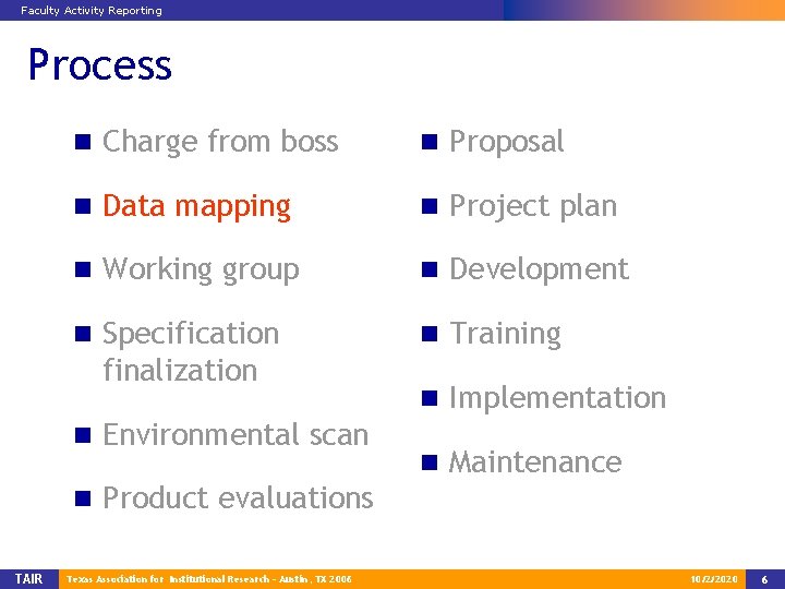 Faculty Activity Reporting Process n Charge from boss n Proposal n Data mapping n