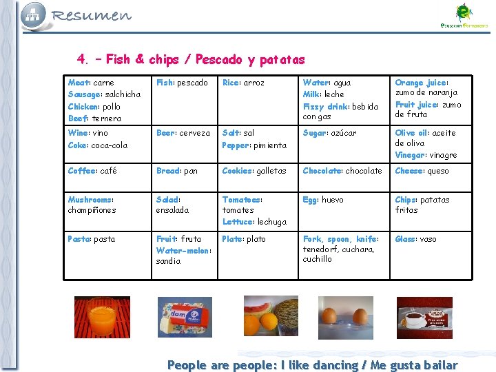 4. – Fish & chips / Pescado y patatas Meat: carne Sausage: salchicha Chicken: