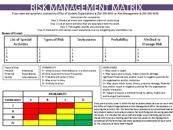 RISK MANAGEMENT MATRIX If you have any questions, contact the Office of Student Organizations