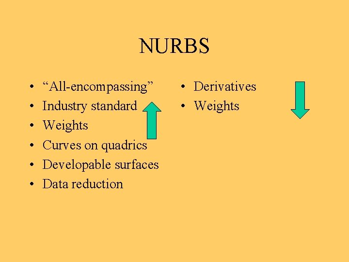 NURBS • • • “All-encompassing” Industry standard Weights Curves on quadrics Developable surfaces Data