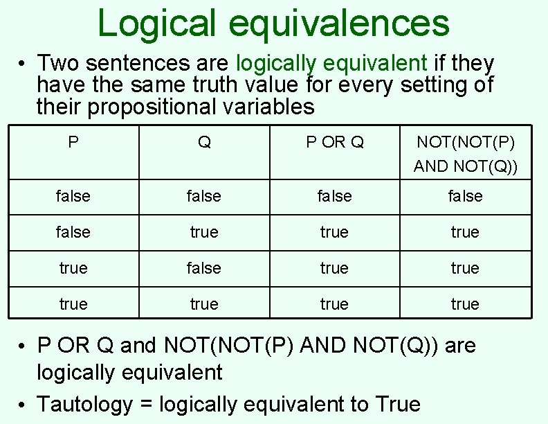 Logical equivalences • Two sentences are logically equivalent if they have the same truth