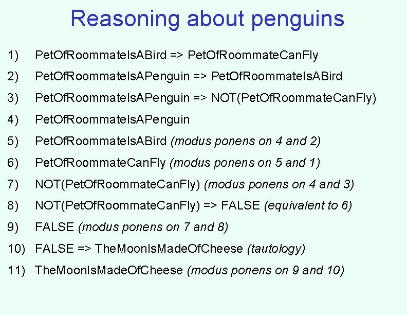 Reasoning about penguins 1) Pet. Of. Roommate. Is. ABird => Pet. Of. Roommate. Can.