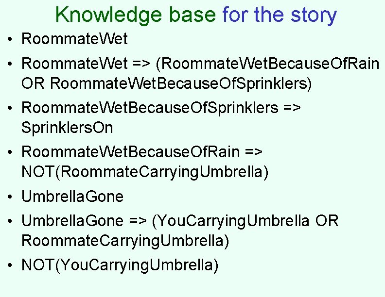 Knowledge base for the story • Roommate. Wet => (Roommate. Wet. Because. Of. Rain