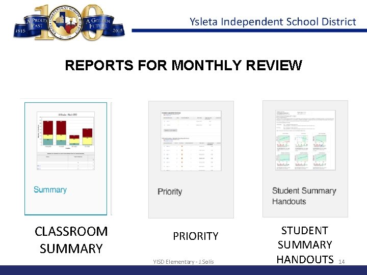 REPORTS FOR MONTHLY REVIEW CLASSROOM SUMMARY PRIORITY YISD Elementary - J. Solis STUDENT SUMMARY