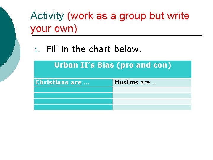 Activity (work as a group but write your own) 1. Fill in the chart
