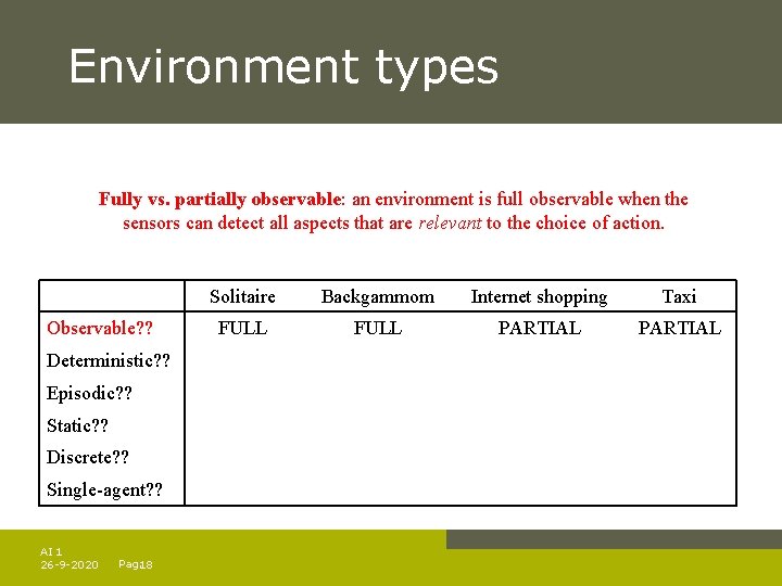 Environment types Fully vs. partially observable: an environment is full observable when the sensors