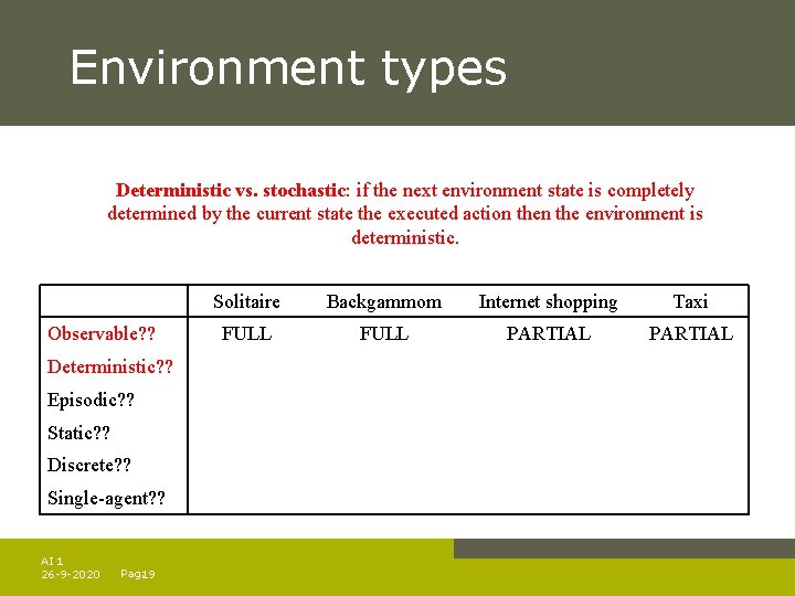 Environment types Deterministic vs. stochastic: if the next environment state is completely determined by