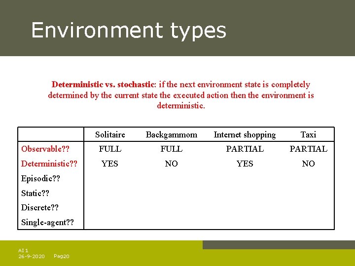 Environment types Deterministic vs. stochastic: if the next environment state is completely determined by