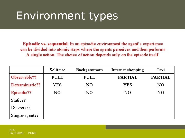 Environment types Episodic vs. sequential: In an episodic environment the agent’s experience can be