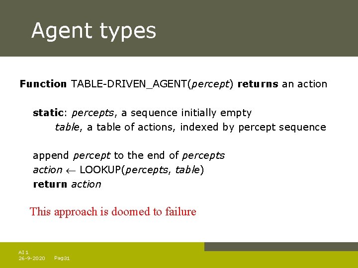 Agent types Function TABLE-DRIVEN_AGENT(percept) returns an action static: percepts, a sequence initially empty table,