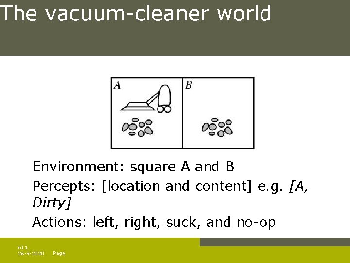 The vacuum-cleaner world Environment: square A and B Percepts: [location and content] e. g.