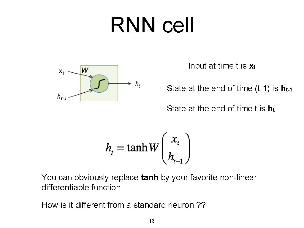 RNN cell Input at time t is xt State at the end of time