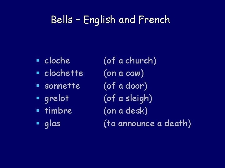 Bells – English and French § § § clochette sonnette grelot timbre glas (of Bells – English and French § § § clochette sonnette grelot timbre glas (of