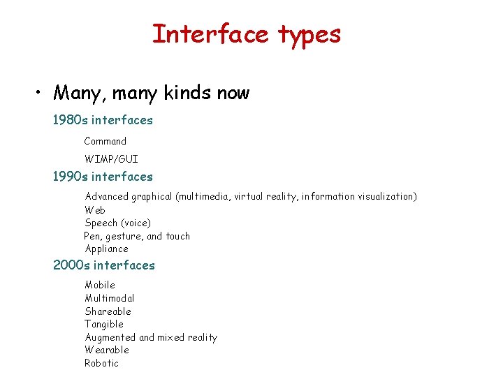 Interface types • Many, many kinds now 1980 s interfaces Command WIMP/GUI 1990 s