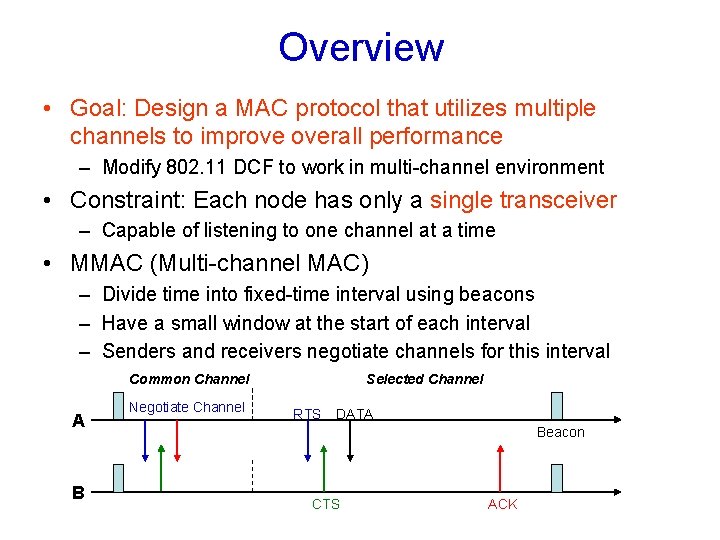 Overview • Goal: Design a MAC protocol that utilizes multiple channels to improve overall