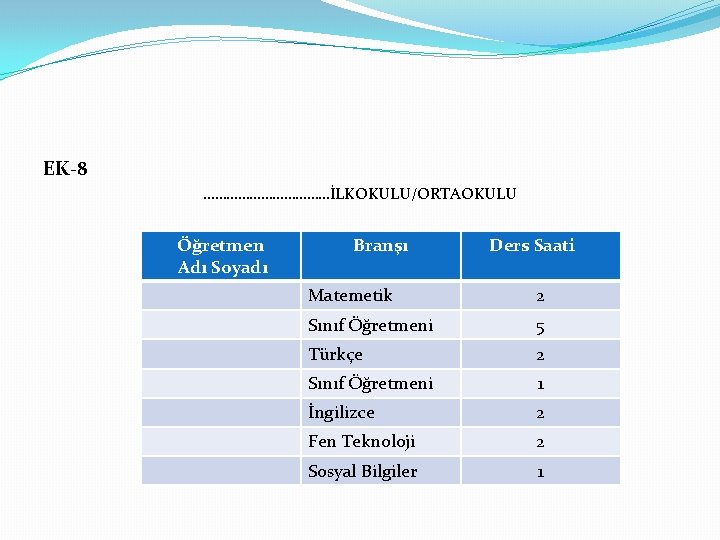 EK-8 ………………İLKOKULU/ORTAOKULU DESTEK EĞİTİM ODASI ÖĞRETMEN GÖREVLENDİRMESİ* Öğretmen Branşı Ders Saati Adı Soyadı Matemetik