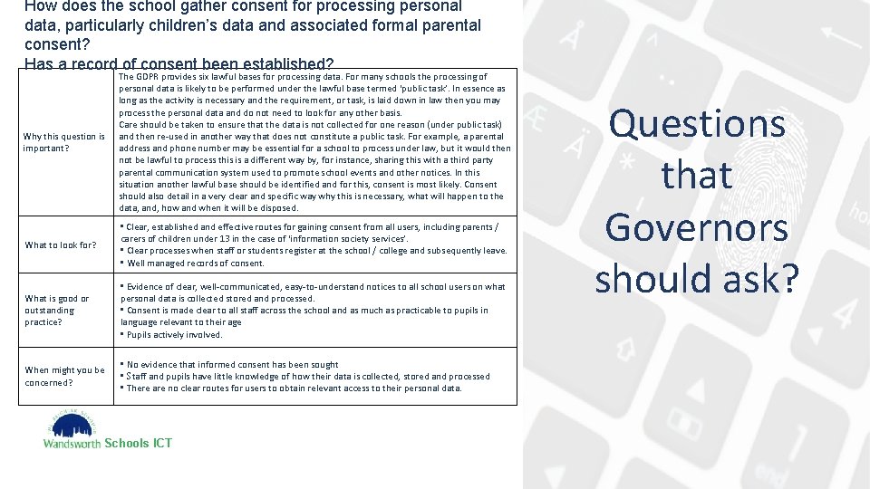 How does the school gather consent for processing personal data, particularly children’s data and